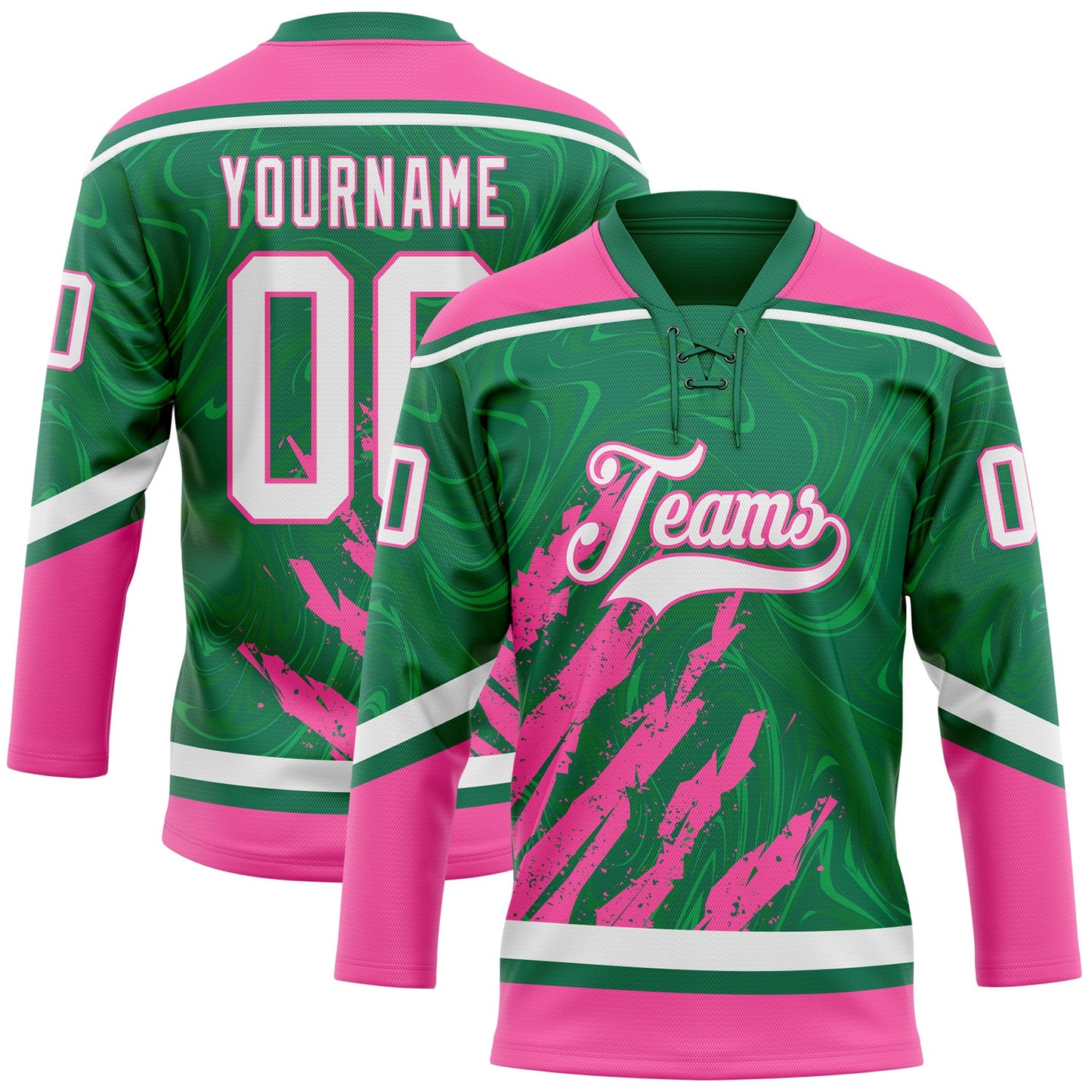 Custom Kelly Green White-Pink 3D Splash Art Hockey Lace Neck Jersey - Main View