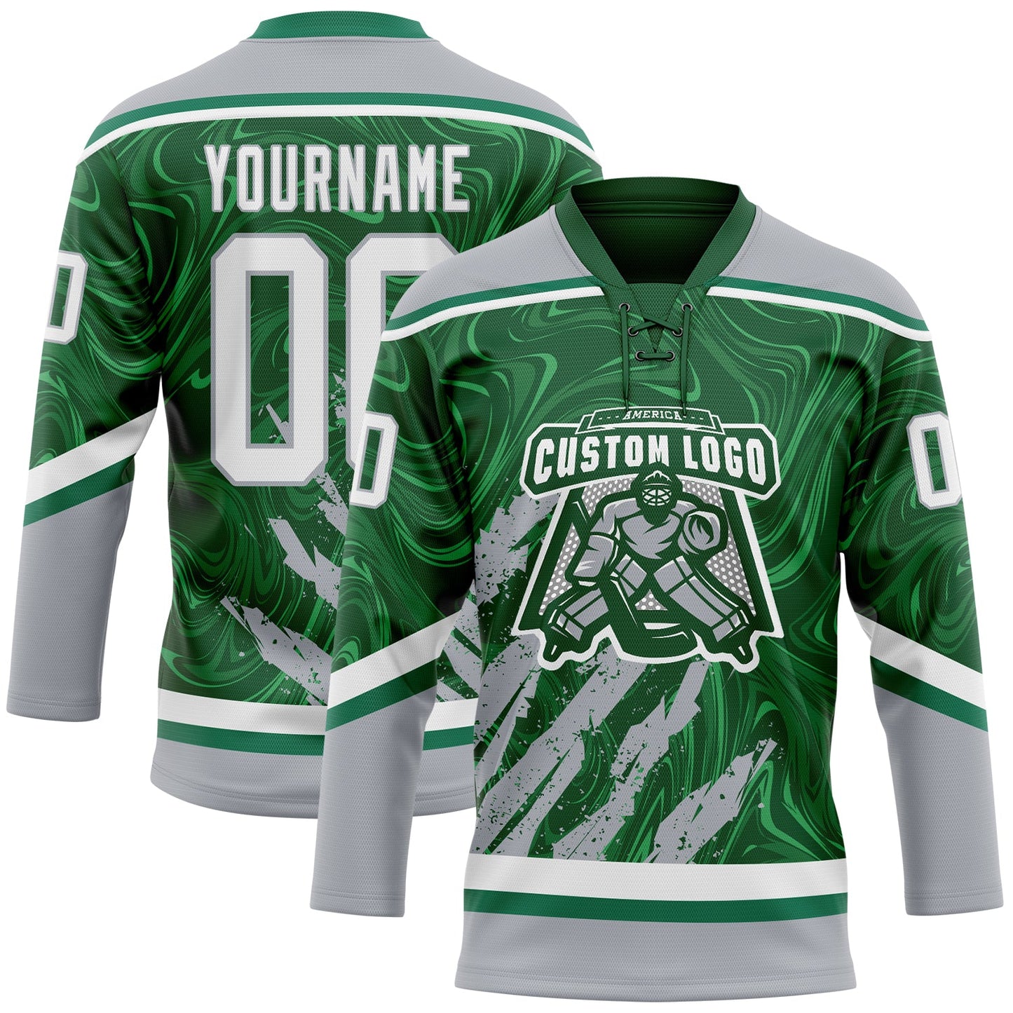 Custom Green White-Gray 3D Splash Art Hockey Lace Neck Jersey view 2