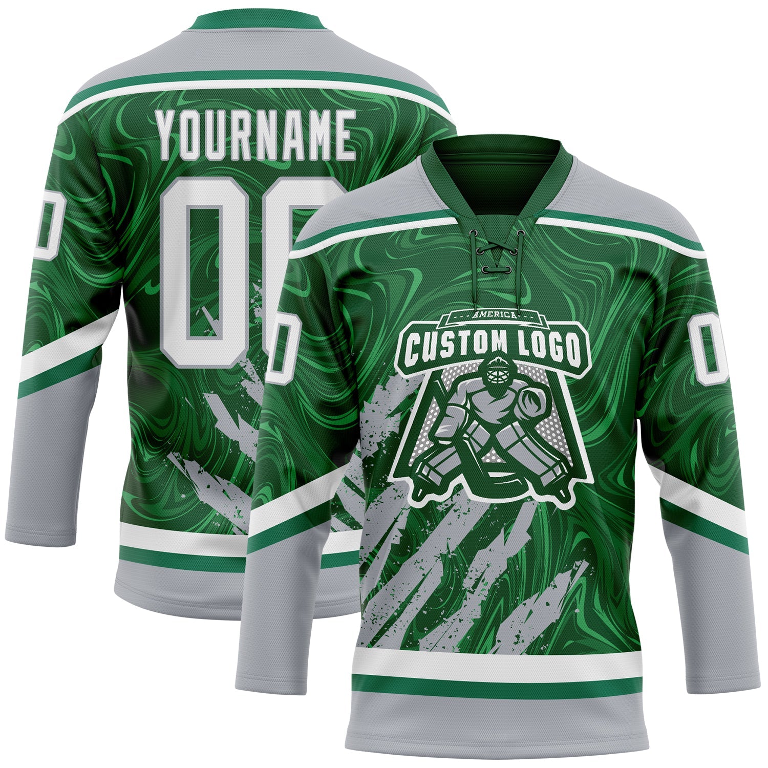 Custom Green White-Gray 3D Splash Art Hockey Lace Neck Jersey view 2