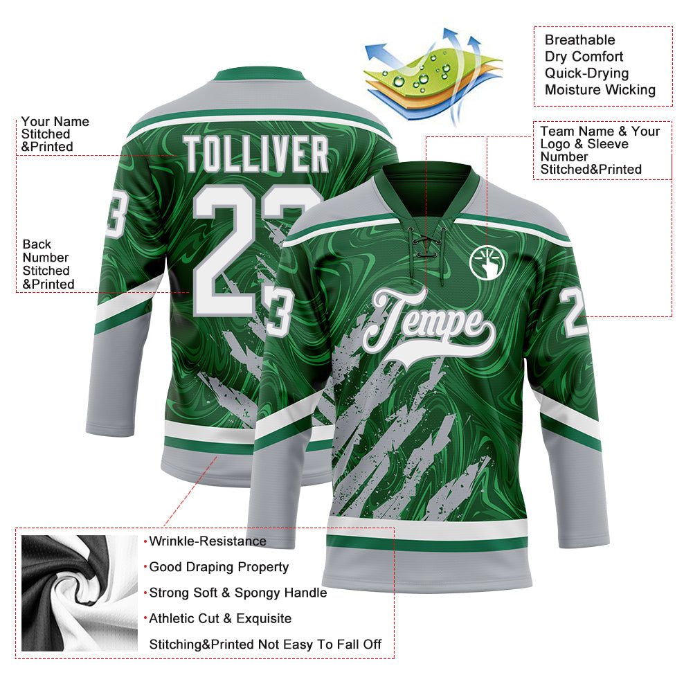 Custom Green White-Gray 3D Splash Art Hockey Lace Neck Jersey view 5