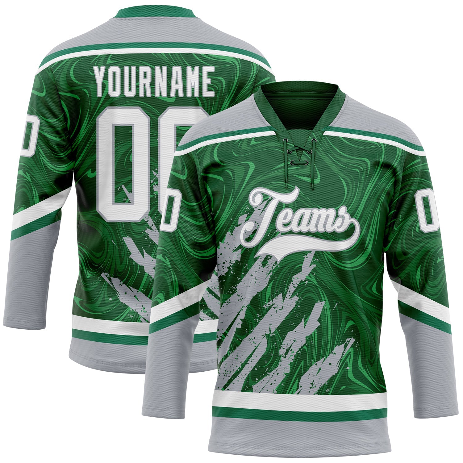 Custom Green White-Gray 3D Splash Art Hockey Lace Neck Jersey - Main View