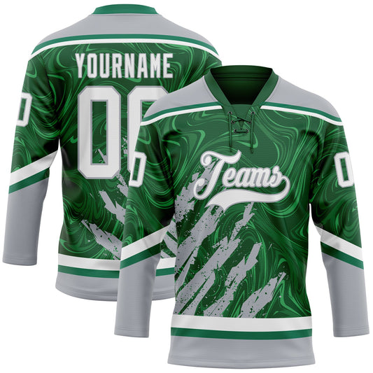 Custom Green White-Gray 3D Splash Art Hockey Lace Neck Jersey - Main View