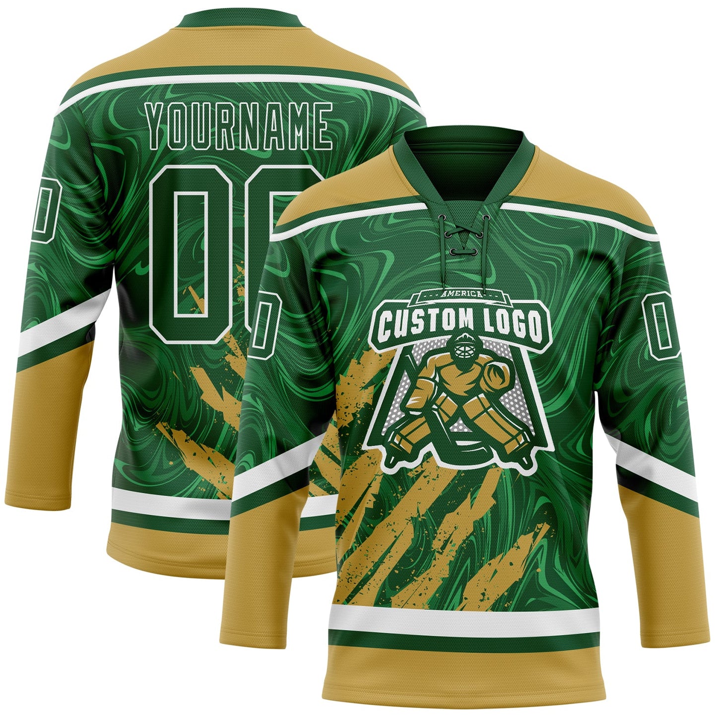 Custom Green Old Gold-White 3D Splash Art Hockey Lace Neck Jersey view 2