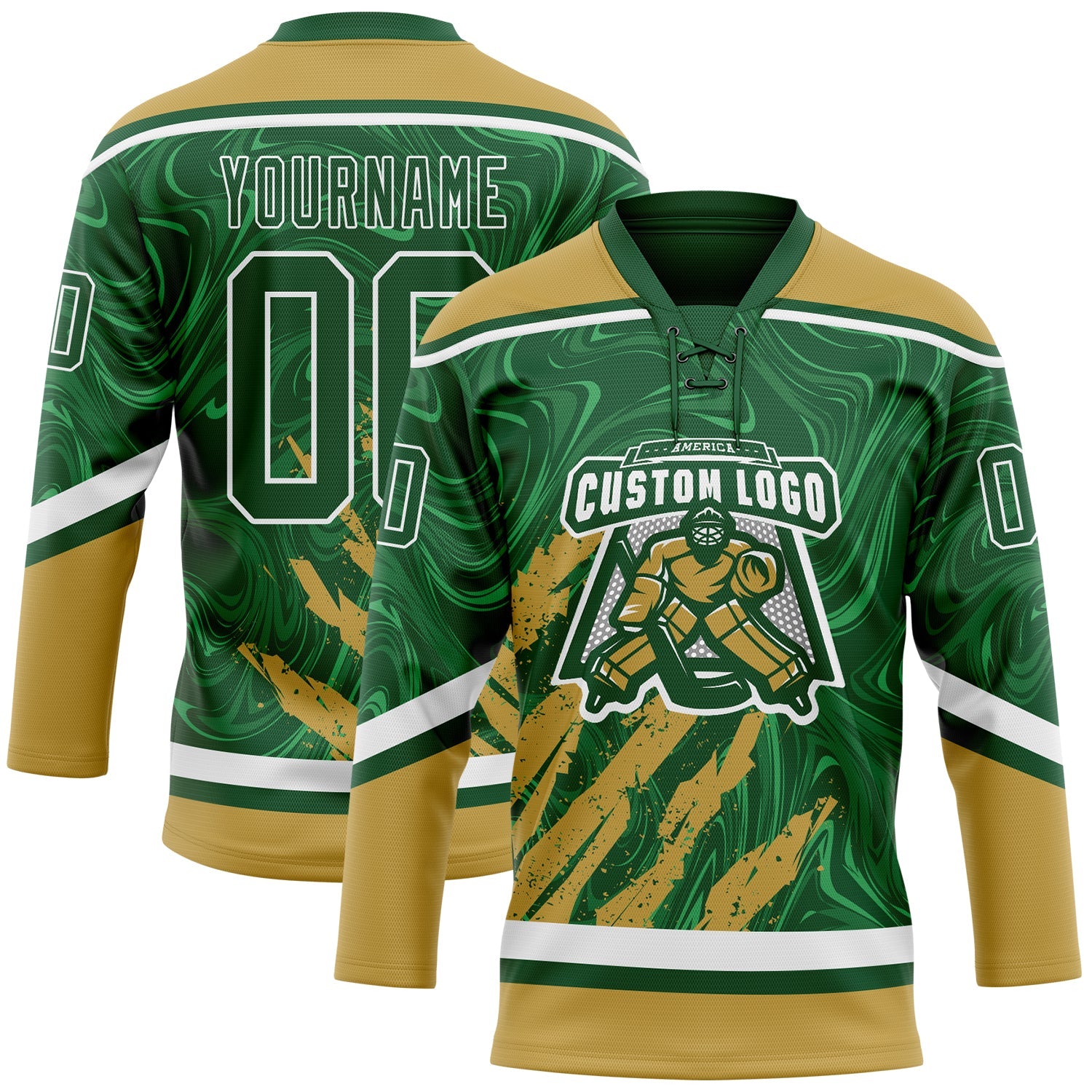 Custom Green Old Gold-White 3D Splash Art Hockey Lace Neck Jersey view 2