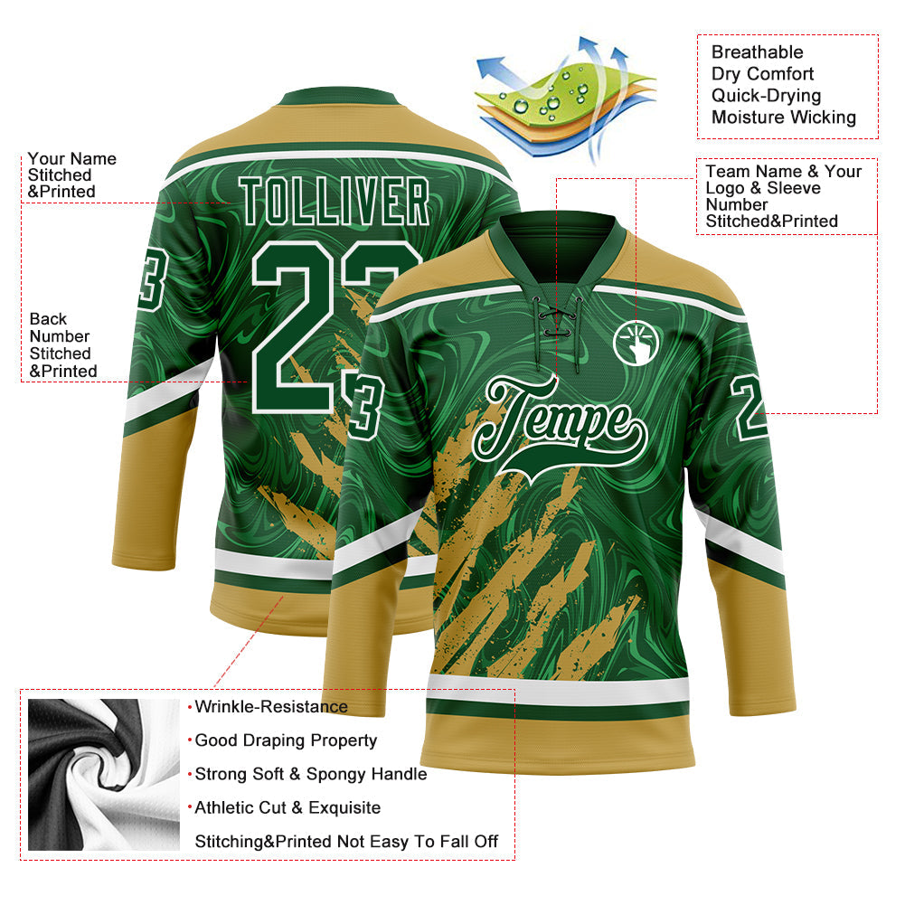 Custom Green Old Gold-White 3D Splash Art Hockey Lace Neck Jersey view 5