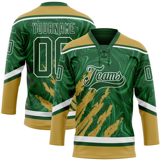 Custom Green Old Gold-White 3D Splash Art Hockey Lace Neck Jersey - Main View