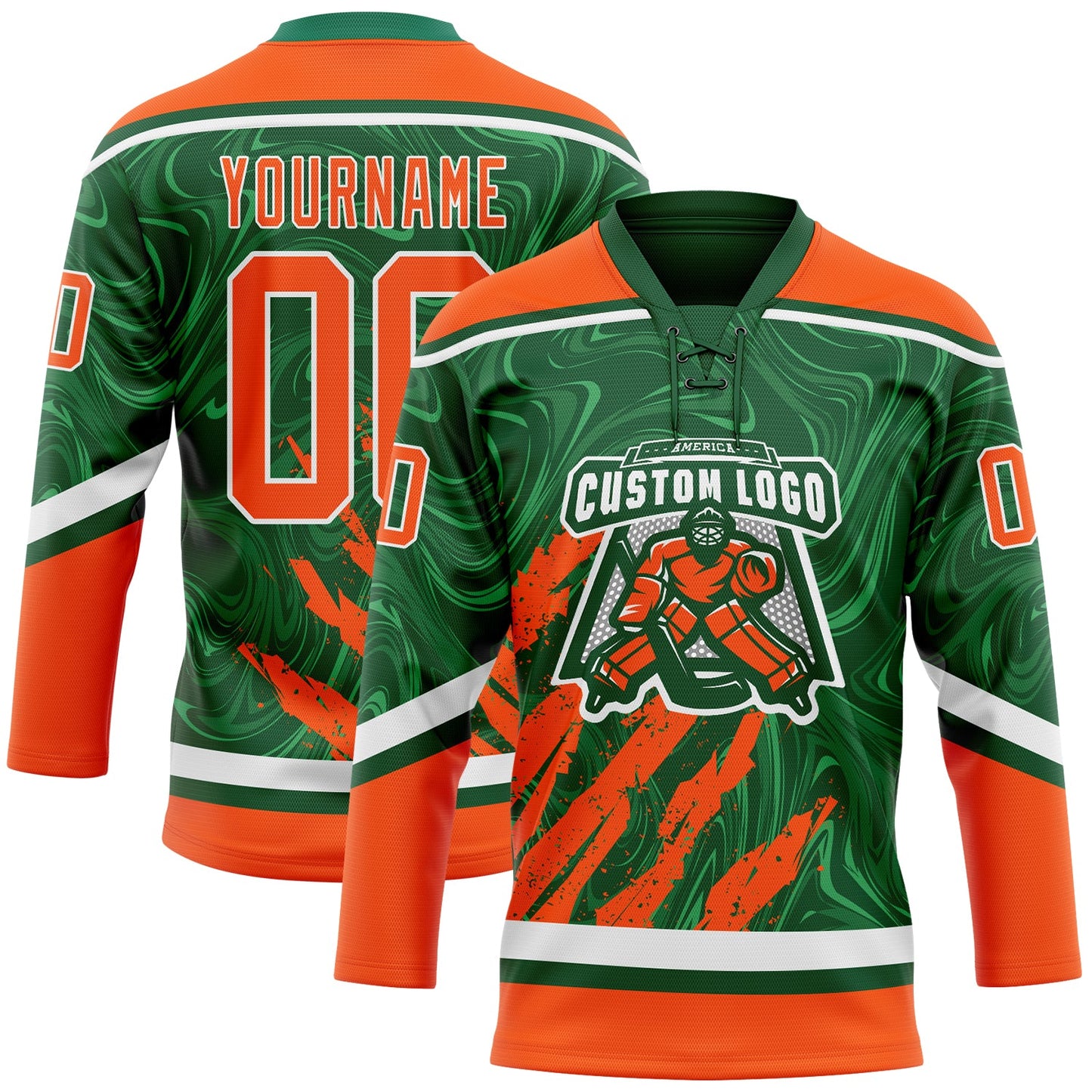 Custom Green Orange-White 3D Splash Art Hockey Lace Neck Jersey view 2
