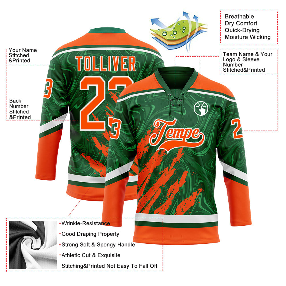 Custom Green Orange-White 3D Splash Art Hockey Lace Neck Jersey view 5