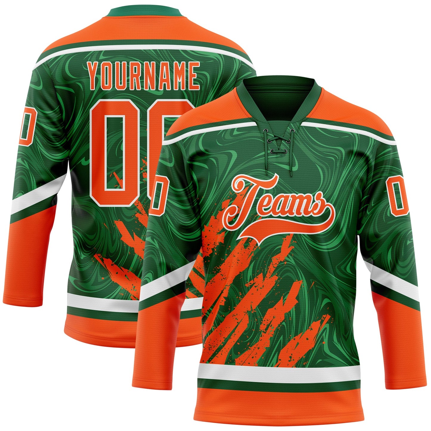 Custom Green Orange-White 3D Splash Art Hockey Lace Neck Jersey - Main View