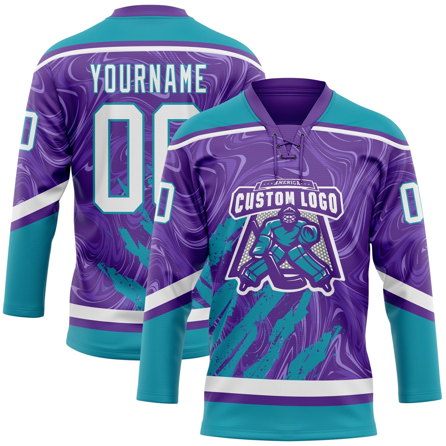 Custom Purple White-Teal 3D Splash Art Hockey Lace Neck Jersey view 2