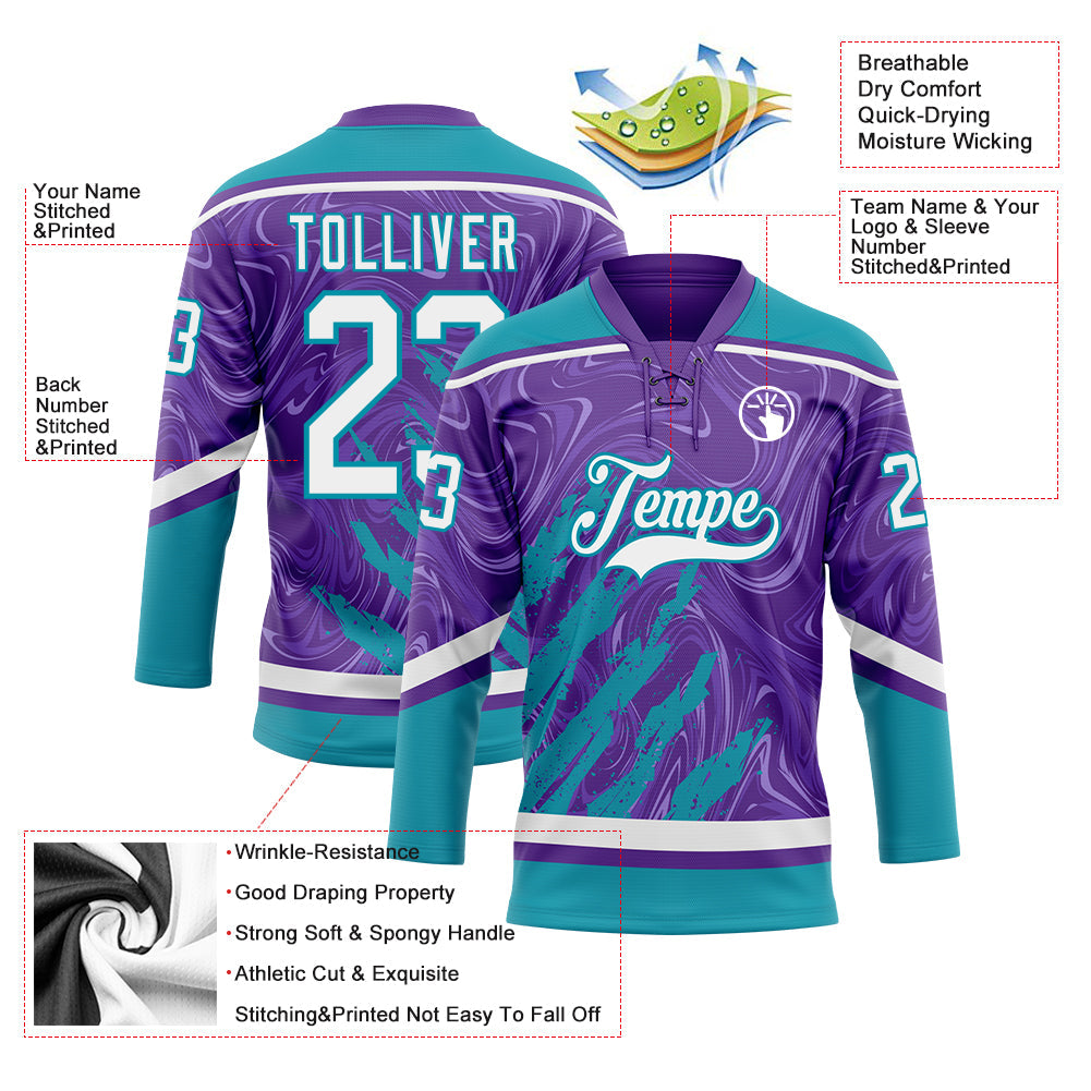 Custom Purple White-Teal 3D Splash Art Hockey Lace Neck Jersey view 5