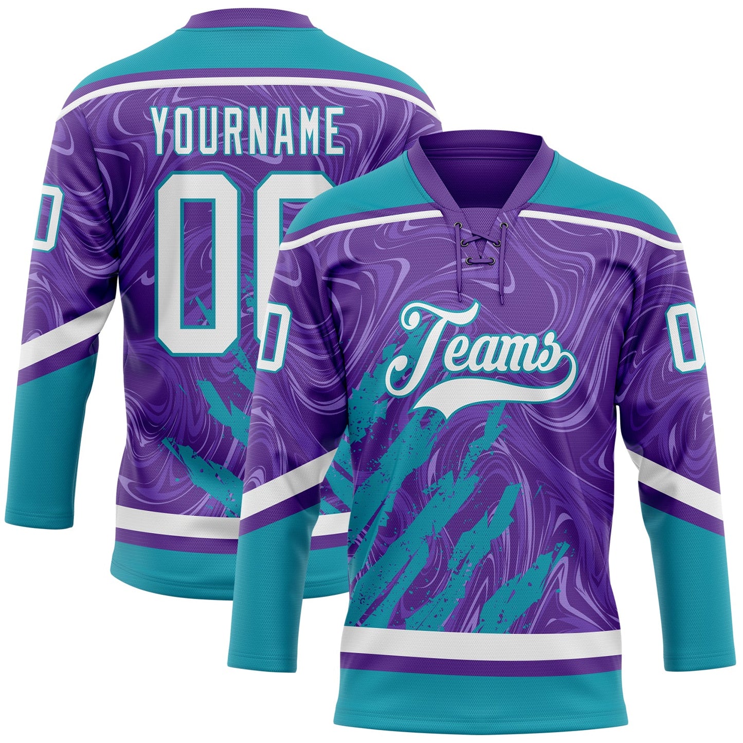 Custom Purple White-Teal 3D Splash Art Hockey Lace Neck Jersey - Main View