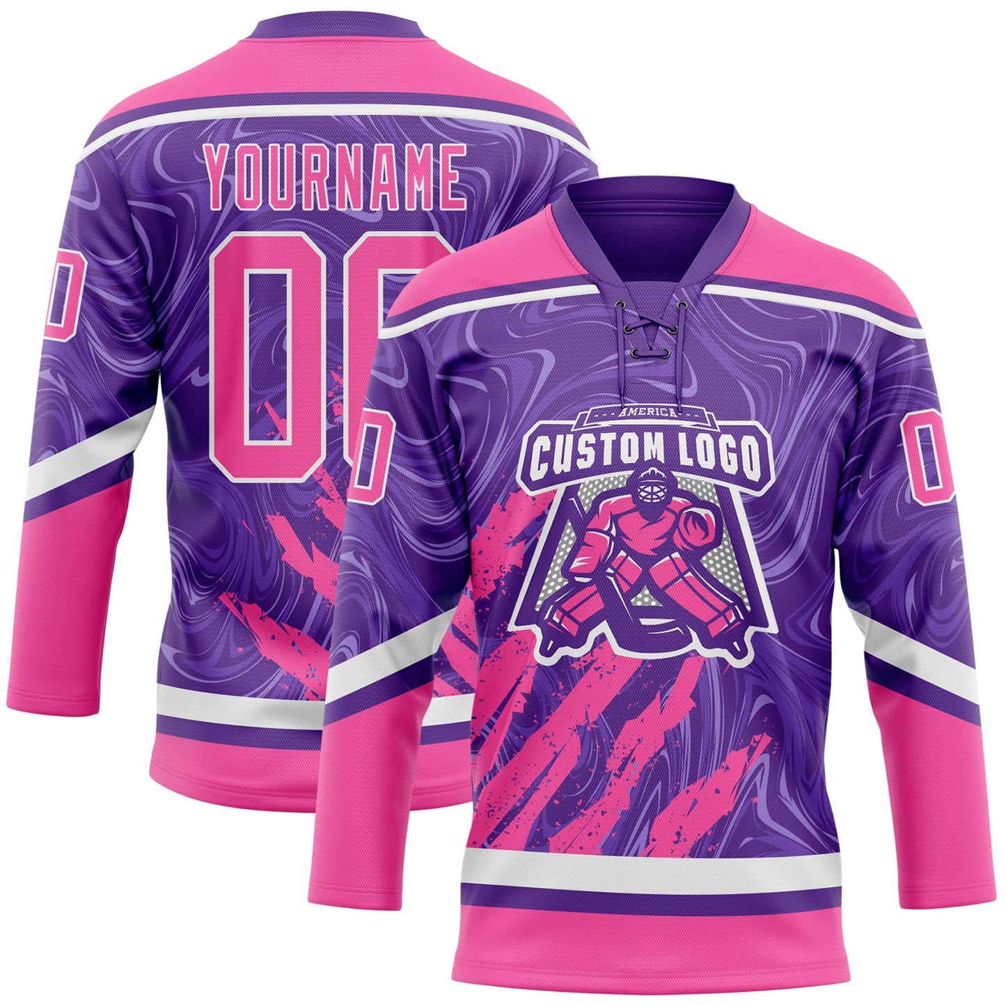 Custom Purple Pink-White 3D Splash Art Hockey Lace Neck Jersey view 2