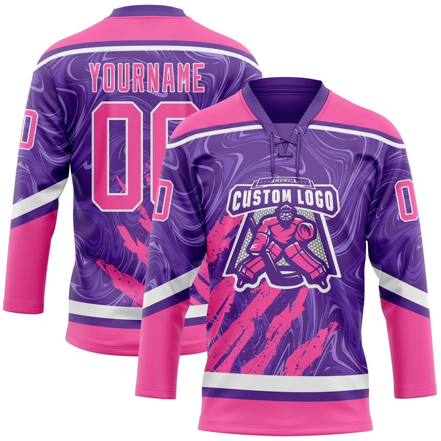 Custom Purple Pink-White 3D Splash Art Hockey Lace Neck Jersey view 2