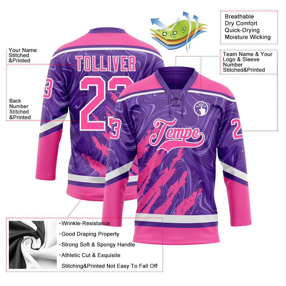 Custom Purple Pink-White 3D Splash Art Hockey Lace Neck Jersey view 5