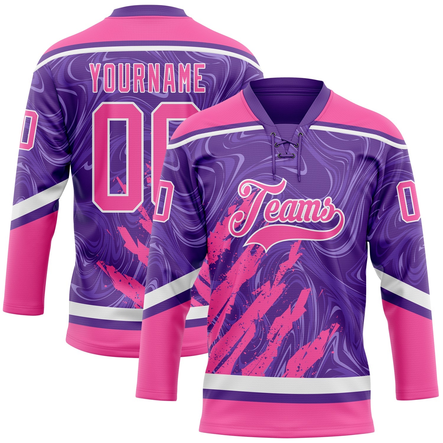 Custom Purple Pink-White 3D Splash Art Hockey Lace Neck Jersey - Main View