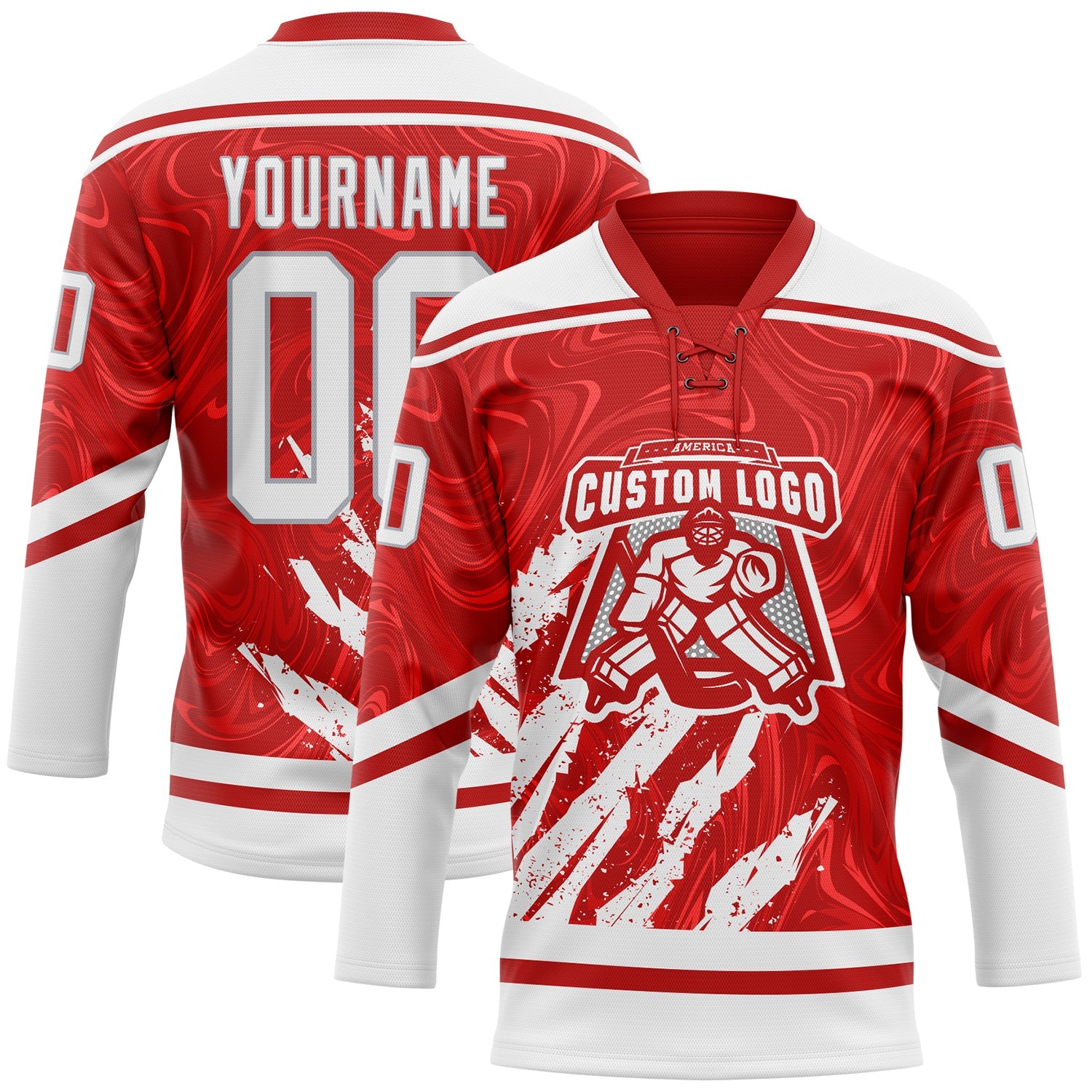 Custom Red White-Gray 3D Splash Art Hockey Lace Neck Jersey view 2