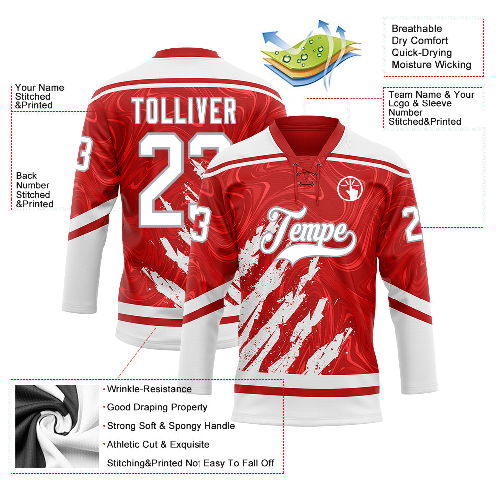Custom Red White-Gray 3D Splash Art Hockey Lace Neck Jersey view 5
