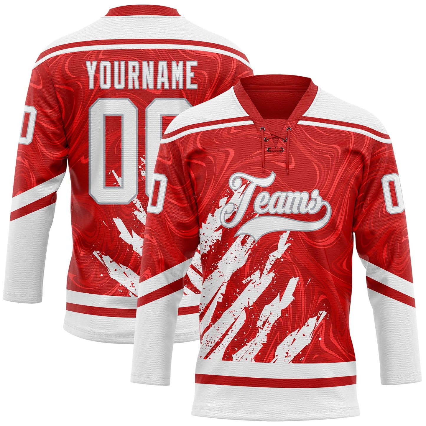 Custom Red White-Gray 3D Splash Art Hockey Lace Neck Jersey - Main View
