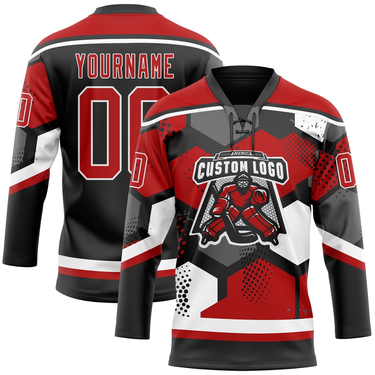 Custom Red Black-White 3D Pattern Geometric Shape Hockey Lace Neck Jersey view 2