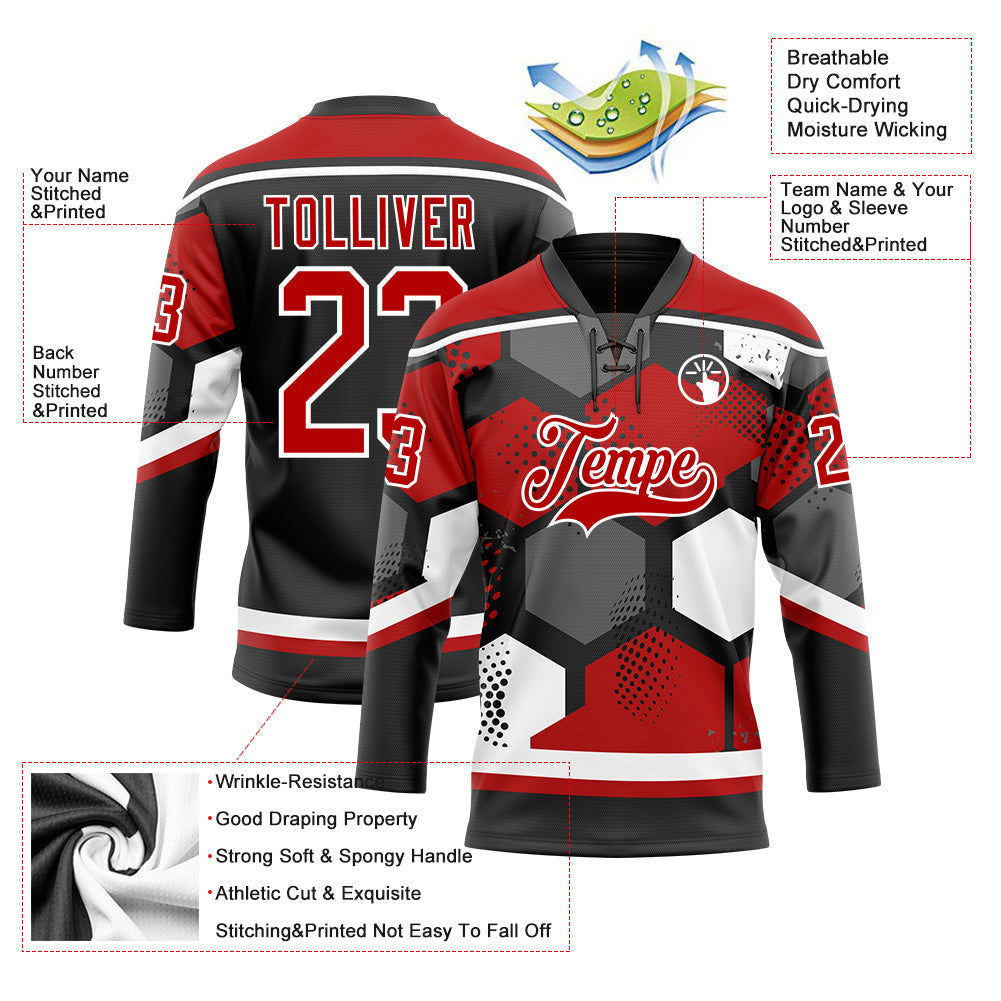 Custom Red Black-White 3D Pattern Geometric Shape Hockey Lace Neck Jersey view 5