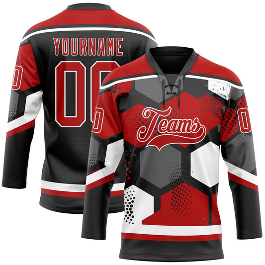 Custom Red Black-White 3D Pattern Geometric Shape Hockey Lace Neck Jersey - Main View