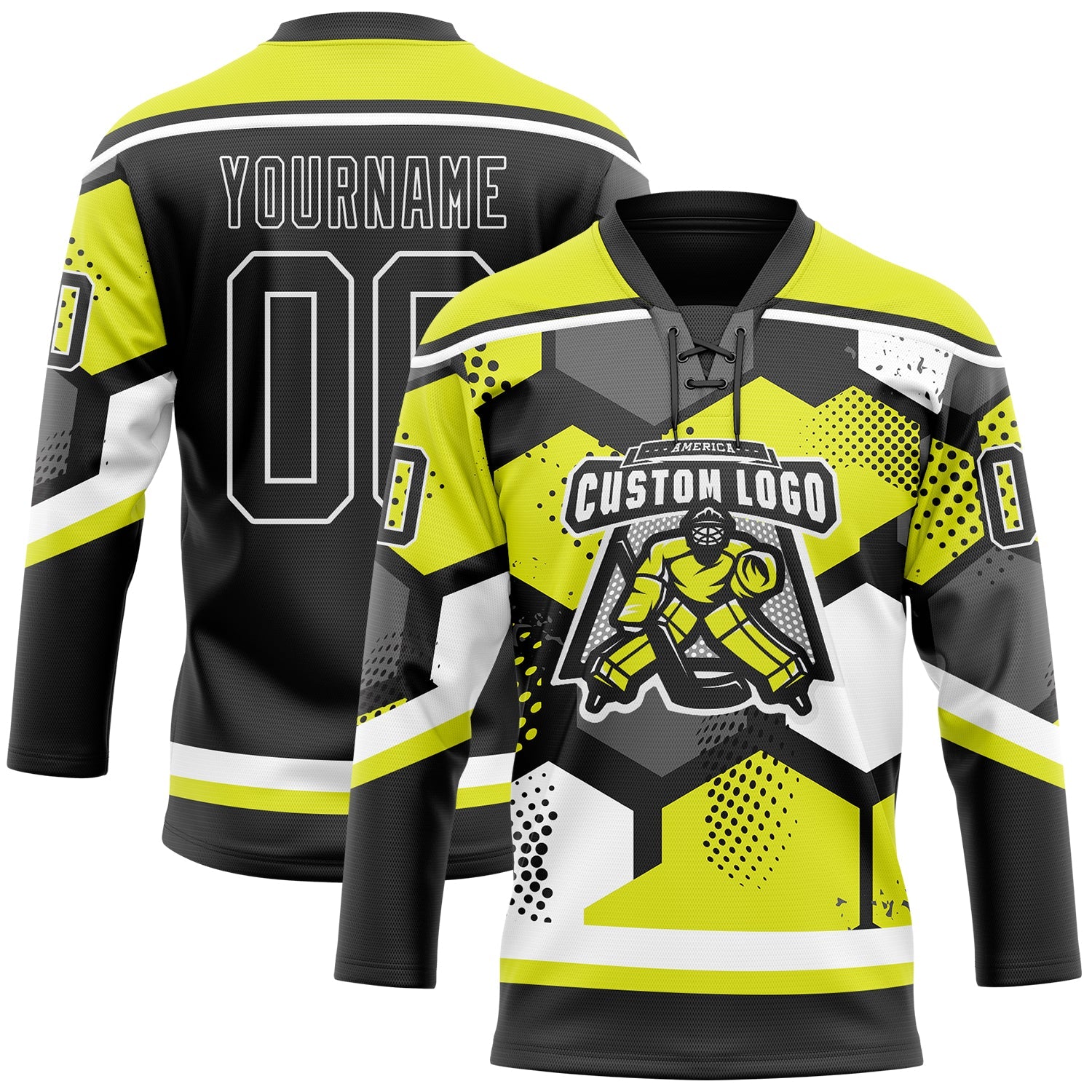 Custom Neon Yellow Black-White 3D Pattern Geometric Shape Hockey Lace Neck Jersey view 2
