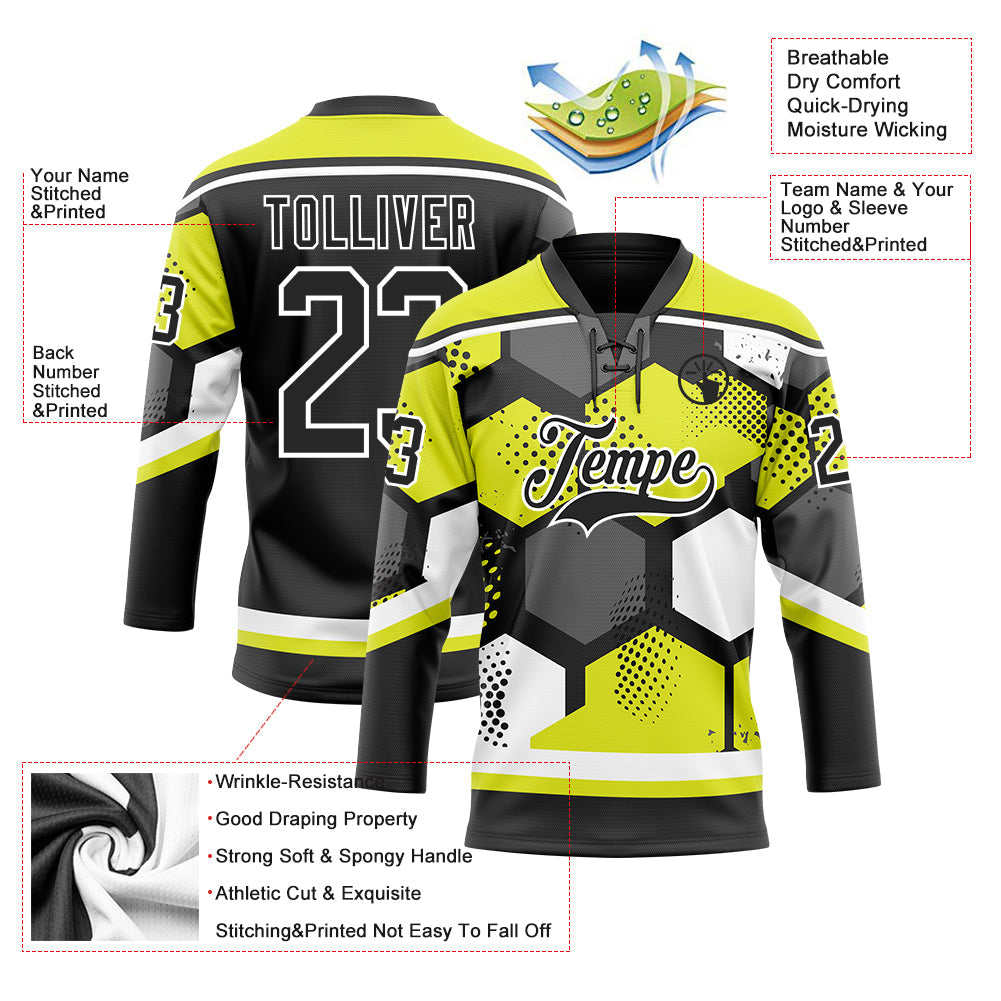 Custom Neon Yellow Black-White 3D Pattern Geometric Shape Hockey Lace Neck Jersey view 5
