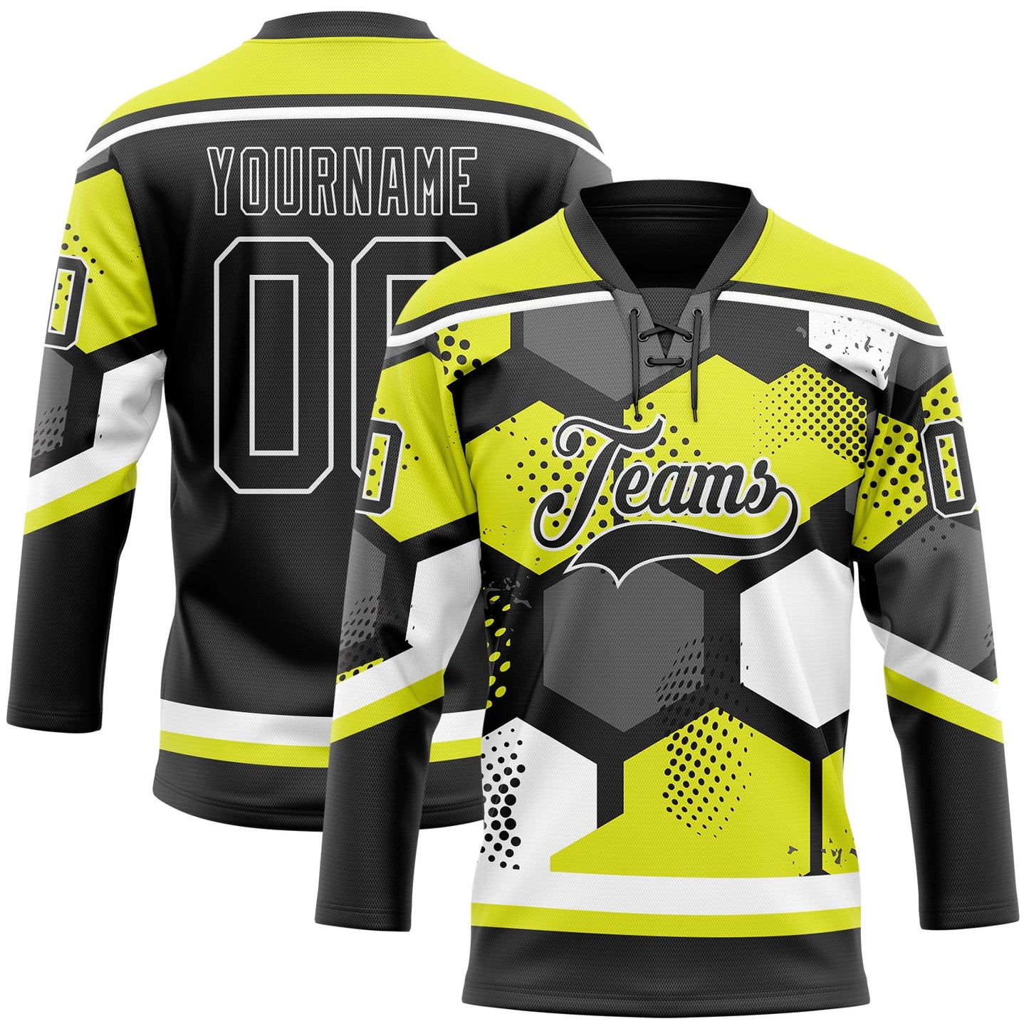 Custom Neon Yellow Black-White 3D Pattern Geometric Shape Hockey Lace Neck Jersey - Main View