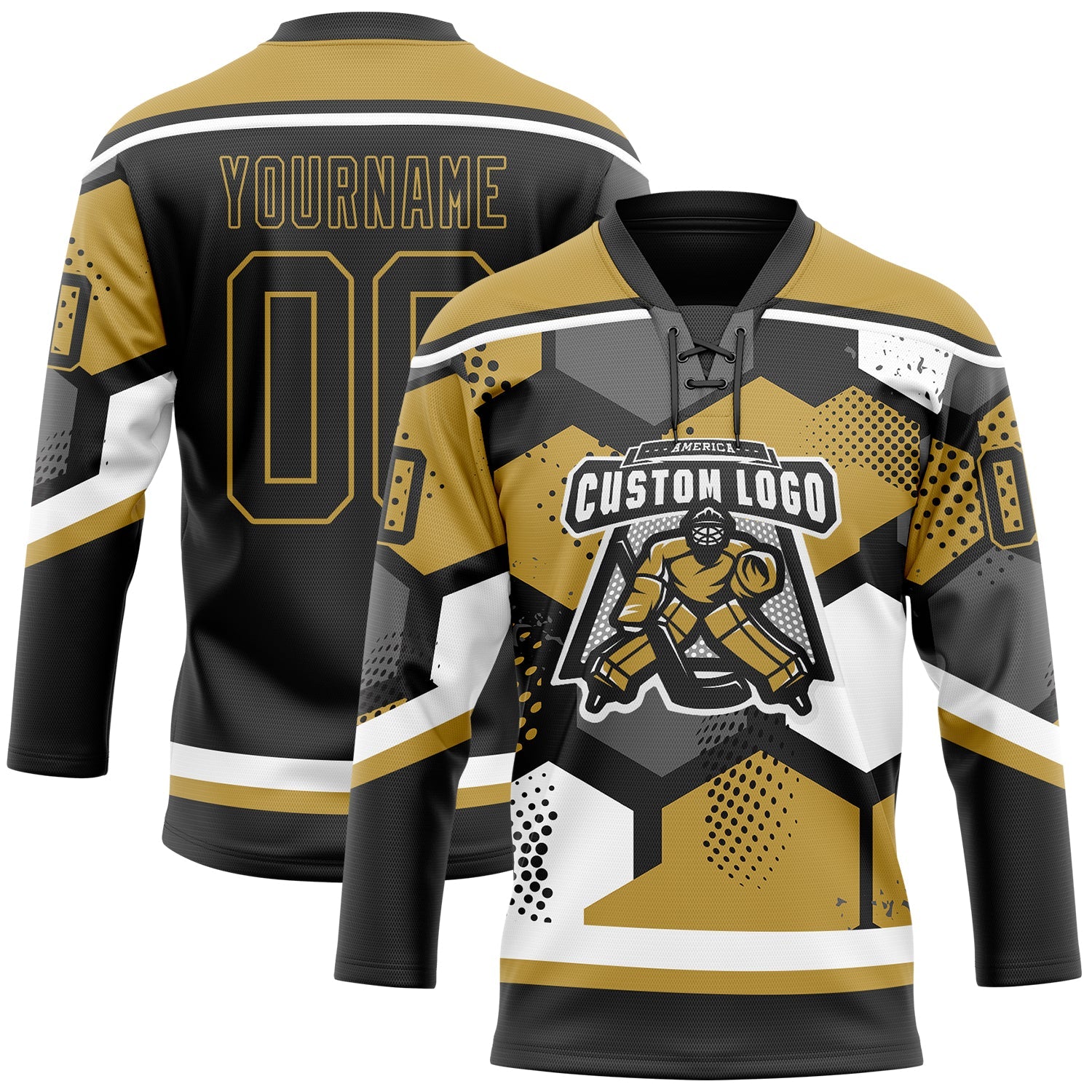 Custom Old Gold Black-White 3D Pattern Geometric Shape Hockey Lace Neck Jersey view 2