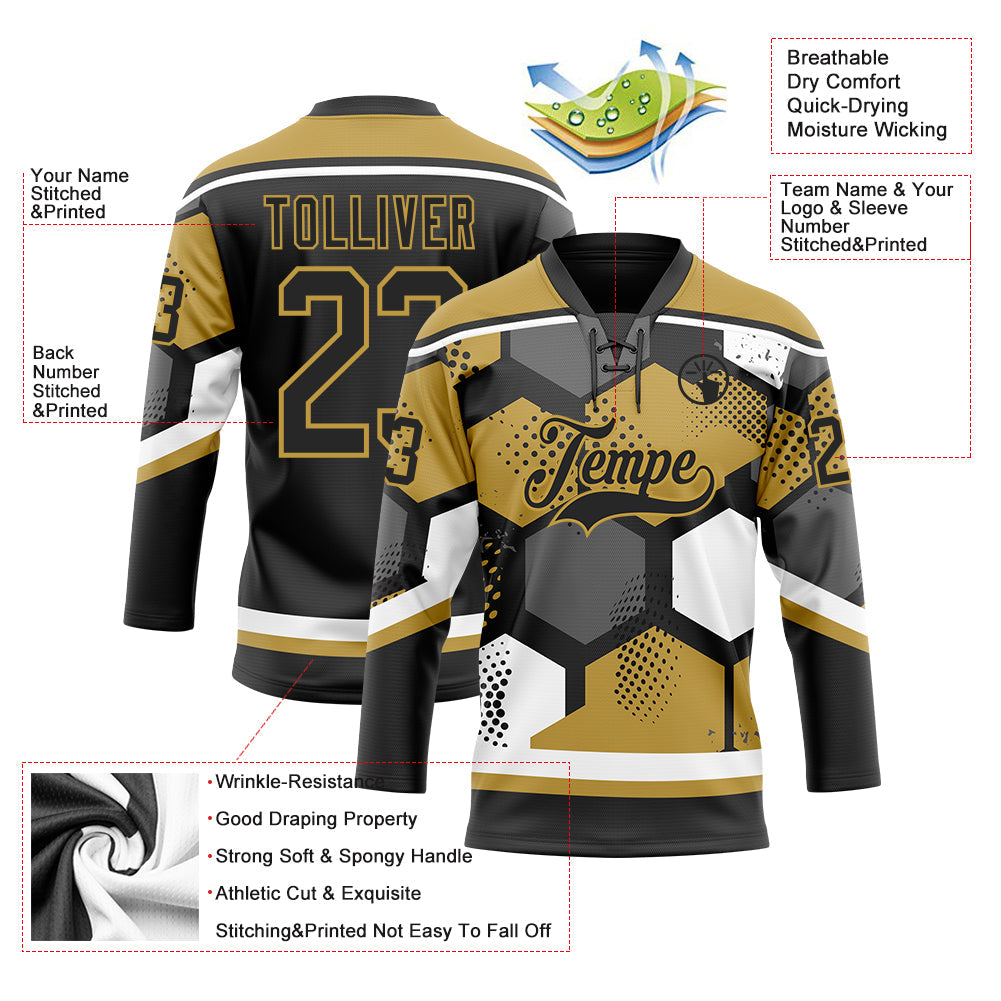 Custom Old Gold Black-White 3D Pattern Geometric Shape Hockey Lace Neck Jersey view 5