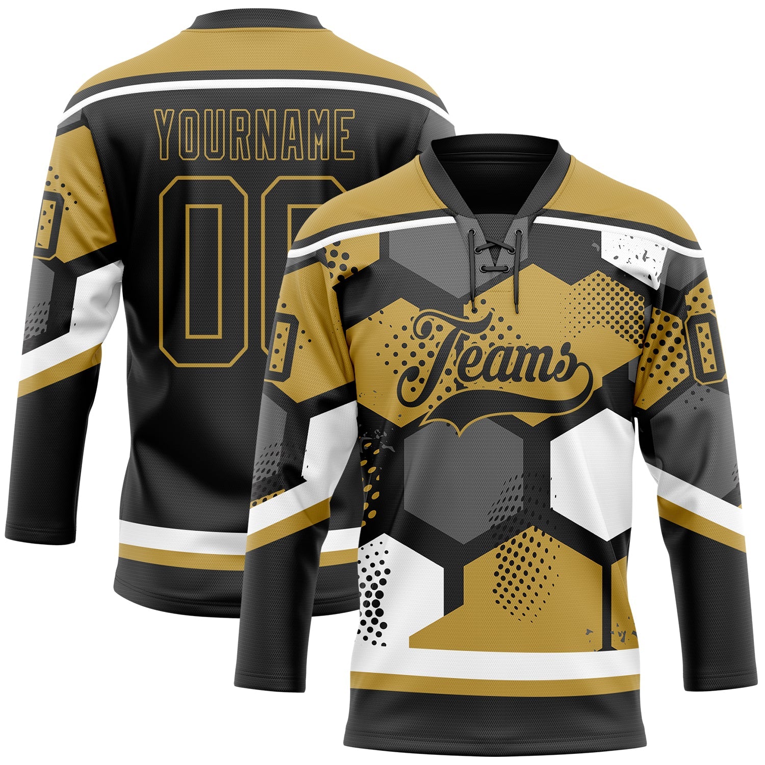 Custom Old Gold Black-White 3D Pattern Geometric Shape Hockey Lace Neck Jersey - Main View