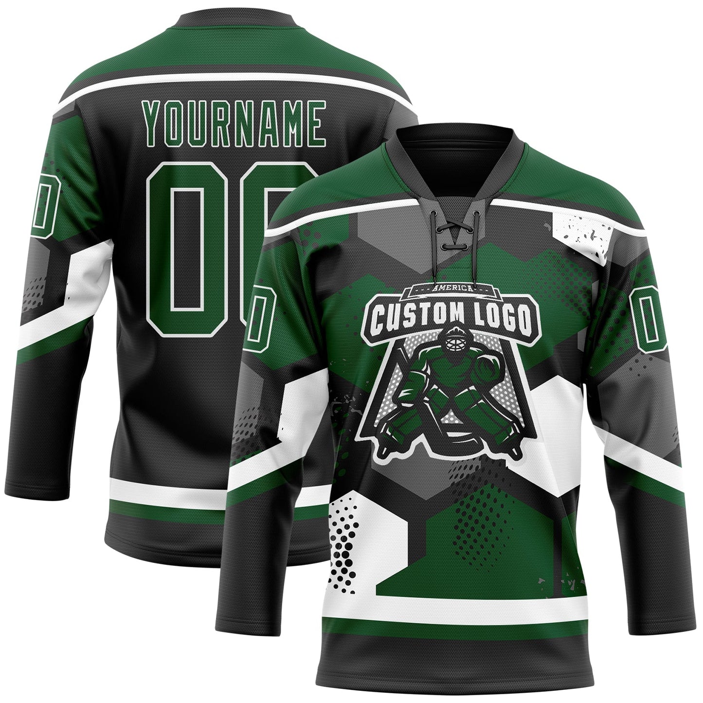Custom Green Black-White 3D Pattern Geometric Shape Hockey Lace Neck Jersey view 2