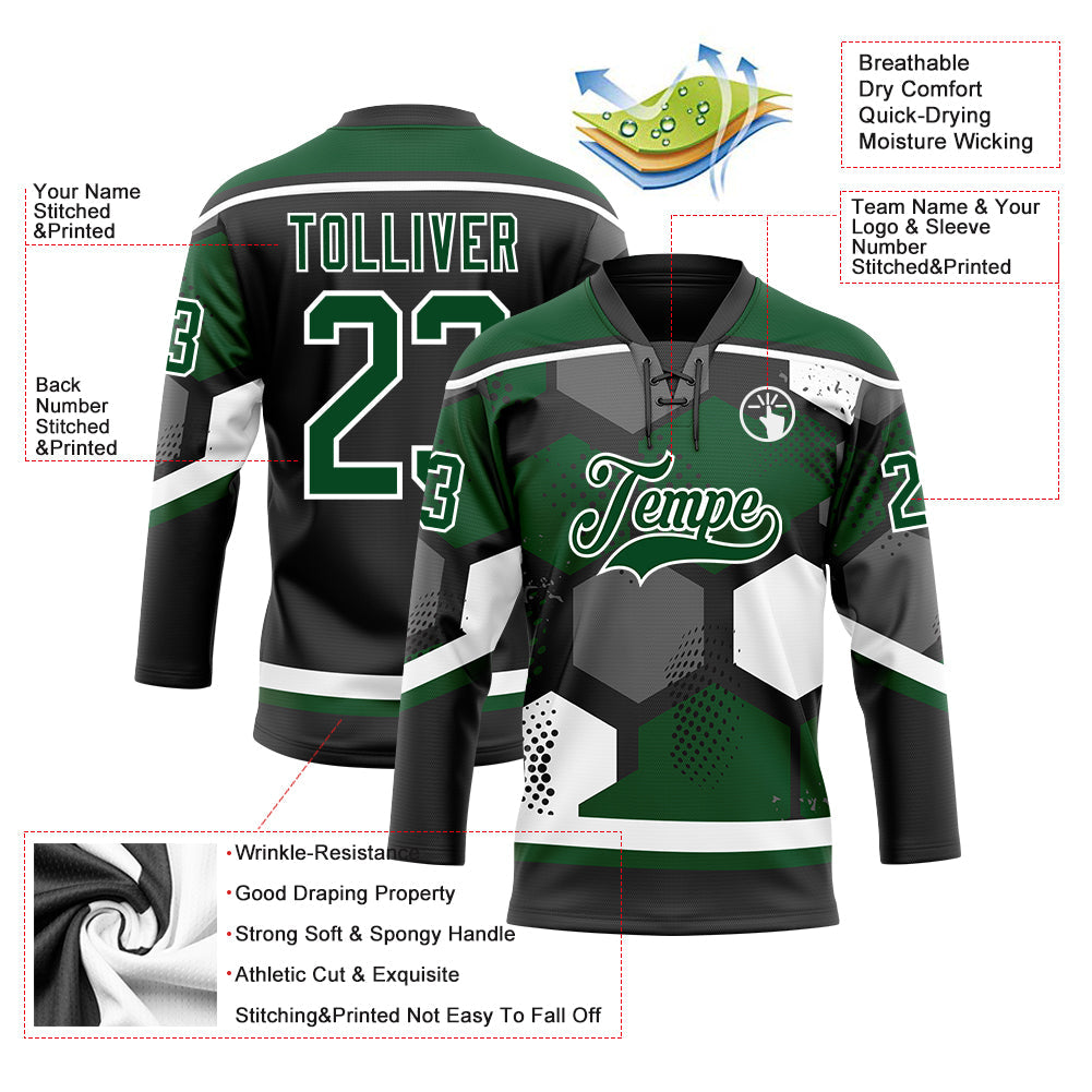 Custom Green Black-White 3D Pattern Geometric Shape Hockey Lace Neck Jersey view 5