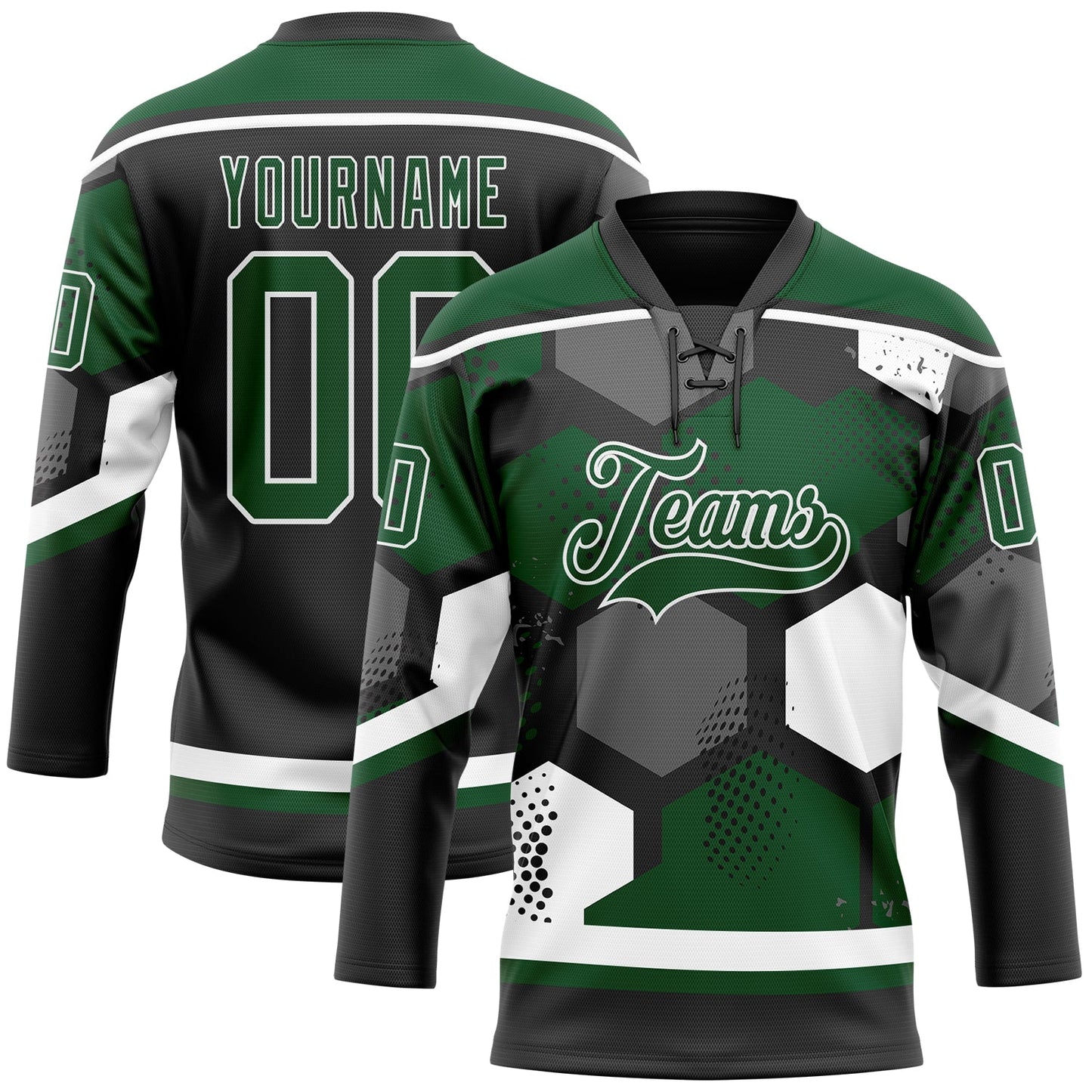 Custom Green Black-White 3D Pattern Geometric Shape Hockey Lace Neck Jersey - Main View