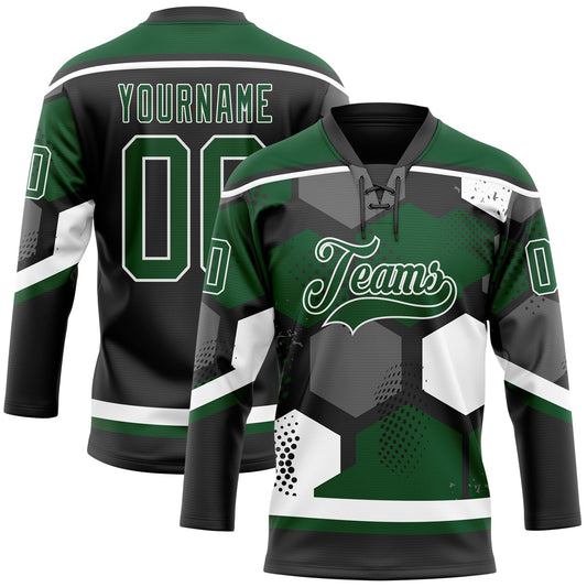 Custom Green Black-White 3D Pattern Geometric Shape Hockey Lace Neck Jersey - Main View