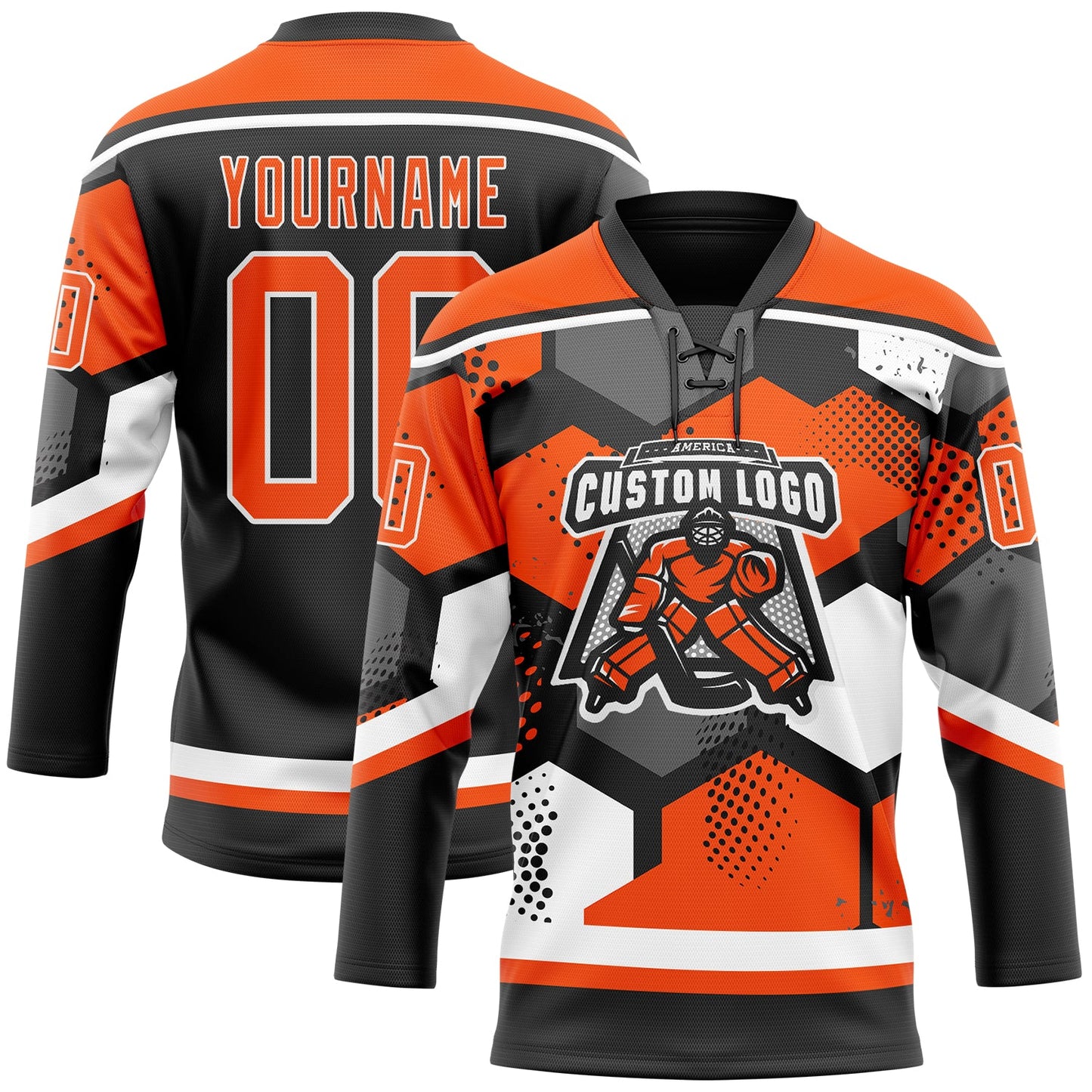 Custom Orange Black-White 3D Pattern Geometric Shape Hockey Lace Neck Jersey view 2