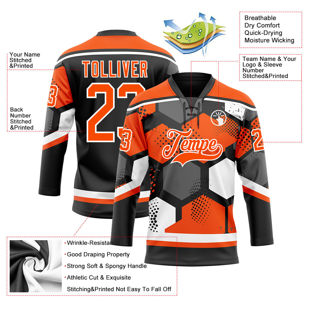 Custom Orange Black-White 3D Pattern Geometric Shape Hockey Lace Neck Jersey view 5