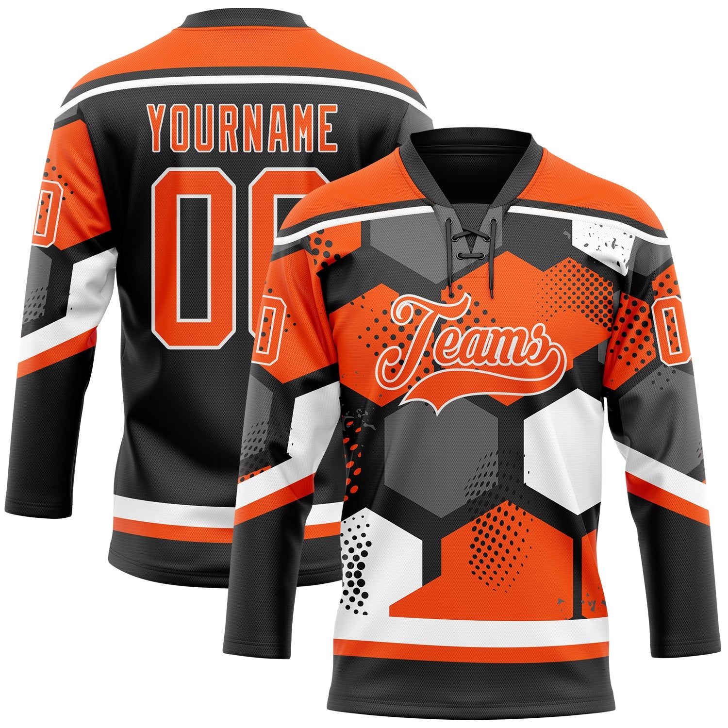 Custom Orange Black-White 3D Pattern Geometric Shape Hockey Lace Neck Jersey - Main View