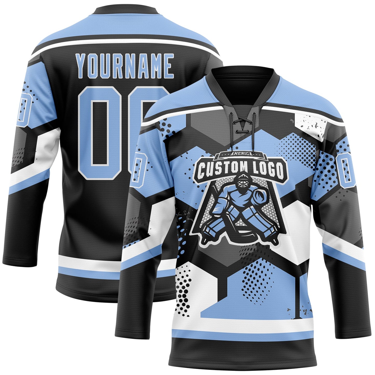 Custom Light Blue Black-White 3D Pattern Geometric Shape Hockey Lace Neck Jersey view 2