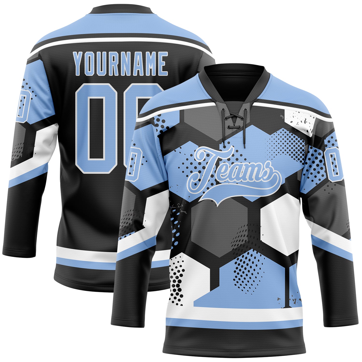 Custom Light Blue Black-White 3D Pattern Geometric Shape Hockey Lace Neck Jersey - Main View