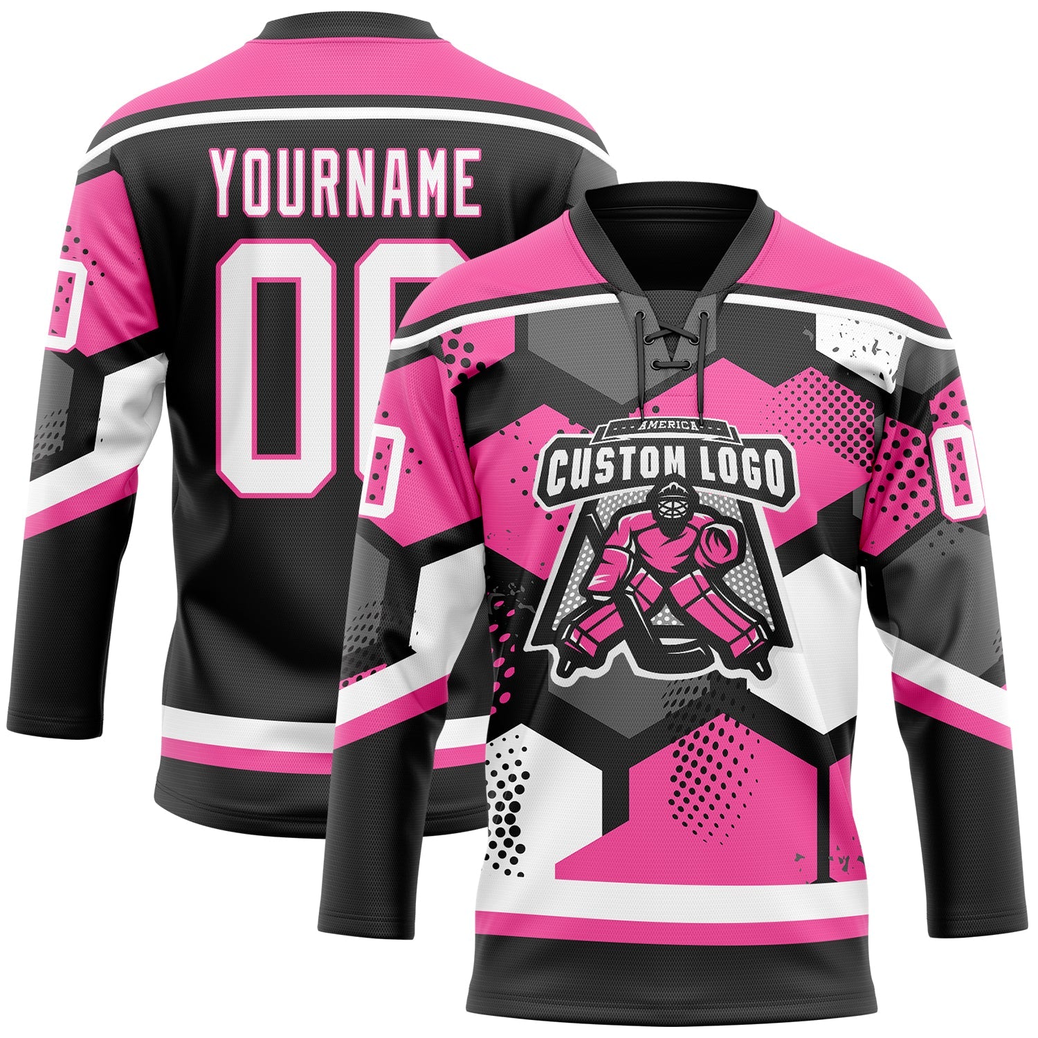 Custom Pink White-Black 3D Pattern Geometric Shape Hockey Lace Neck Jersey view 2