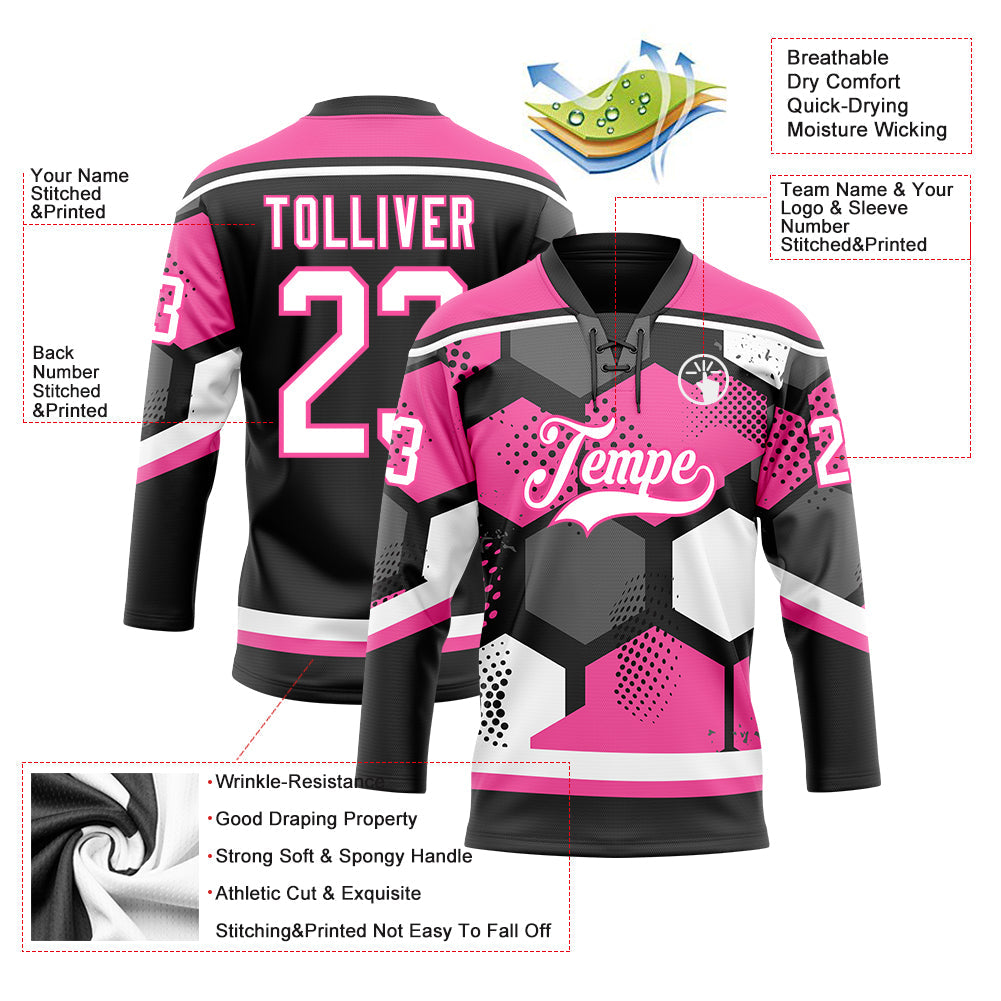 Custom Pink White-Black 3D Pattern Geometric Shape Hockey Lace Neck Jersey view 5