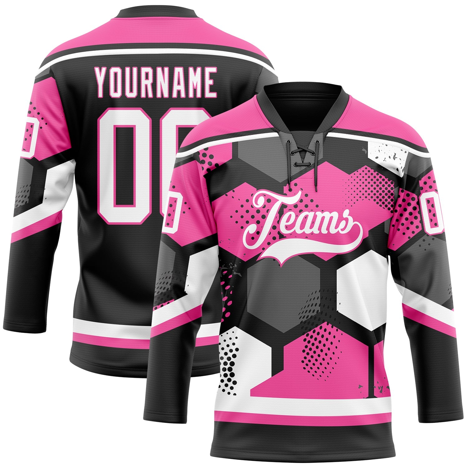 Custom Pink White-Black 3D Pattern Geometric Shape Hockey Lace Neck Jersey - Main View