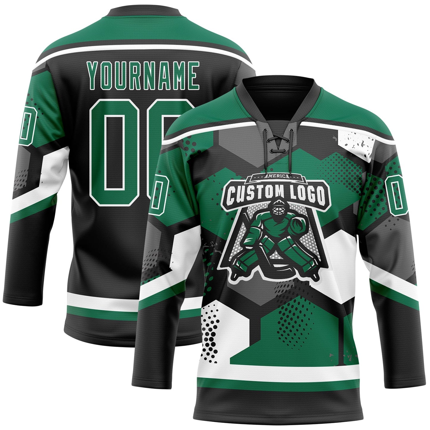 Custom Kelly Green Black-White 3D Pattern Geometric Shape Hockey Lace Neck Jersey view 2