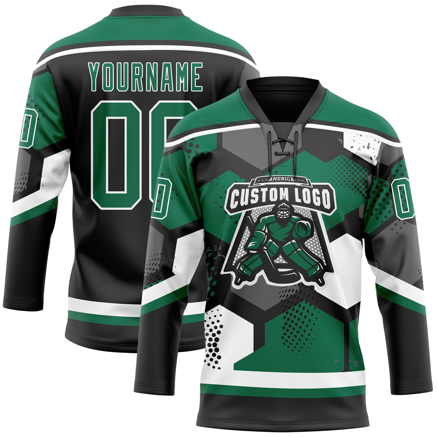 Custom Kelly Green Black-White 3D Pattern Geometric Shape Hockey Lace Neck Jersey view 2