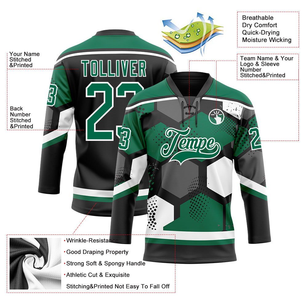 Custom Kelly Green Black-White 3D Pattern Geometric Shape Hockey Lace Neck Jersey view 5