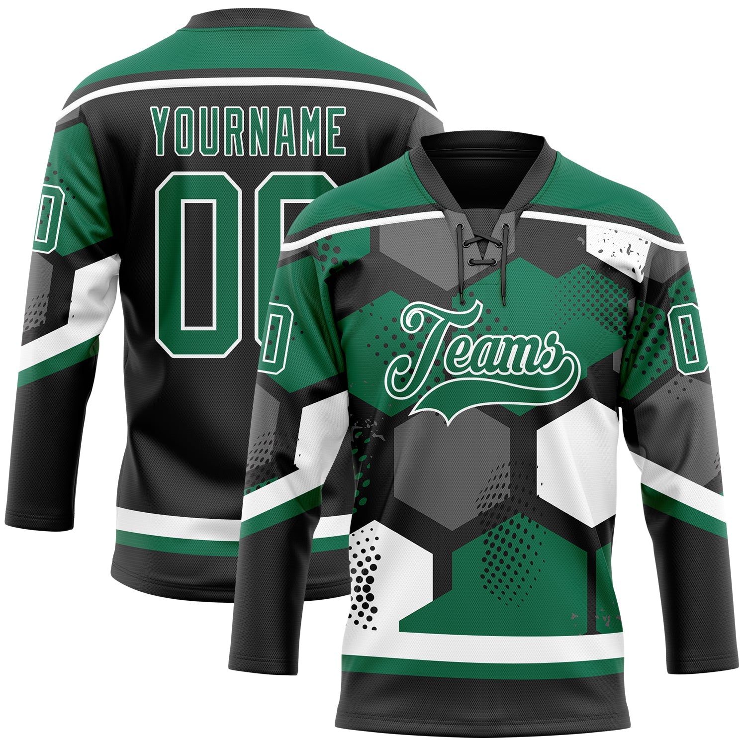 Custom Kelly Green Black-White 3D Pattern Geometric Shape Hockey Lace Neck Jersey - Main View