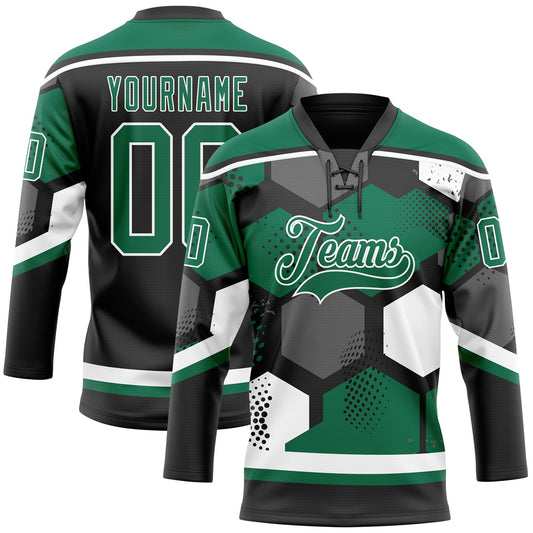Custom Kelly Green Black-White 3D Pattern Geometric Shape Hockey Lace Neck Jersey - Main View