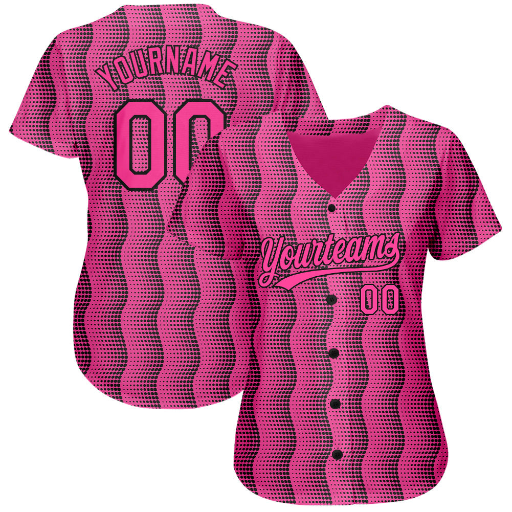 Custom Pink Pink-Black 3D Pattern Design Authentic Baseball Jersey view 2